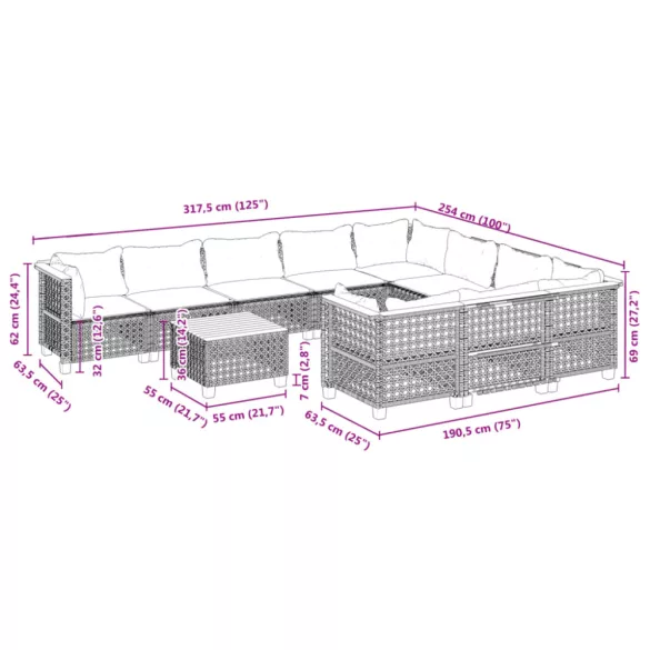 11 részes szürke polyrattan kerti ülőgarnitúra párnákkal