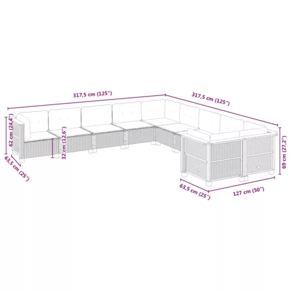 10 részes fekete polyrattan kerti ülőgarnitúra párnákkal