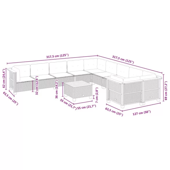 11 részes fekete polyrattan kerti ülőgarnitúra párnákkal