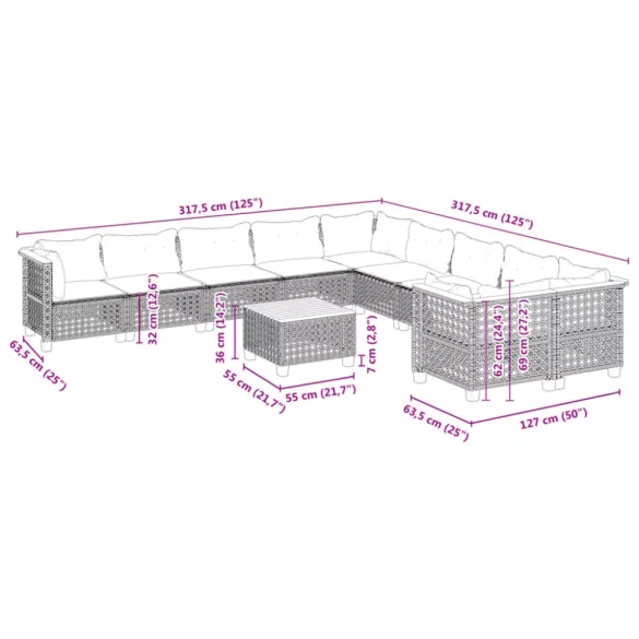 11 részes szürke polyrattan kerti ülőgarnitúra párnákkal