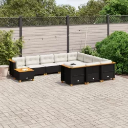   11 részes fekete polyrattan kerti ülőgarnitúra párnákkal