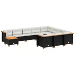 11 részes fekete polyrattan kerti ülőgarnitúra párnákkal