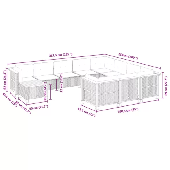 11 részes fekete polyrattan kerti ülőgarnitúra párnákkal