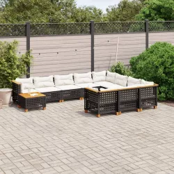   11 részes fekete polyrattan kerti ülőgarnitúra párnákkal