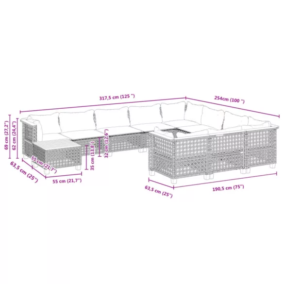 11 részes szürke polyrattan kerti ülőgarnitúra párnákkal
