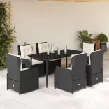 7 részes fekete polyrattan kerti étkezőgarnitúra párnával