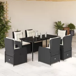   7 részes fekete polyrattan kerti étkezőgarnitúra párnával