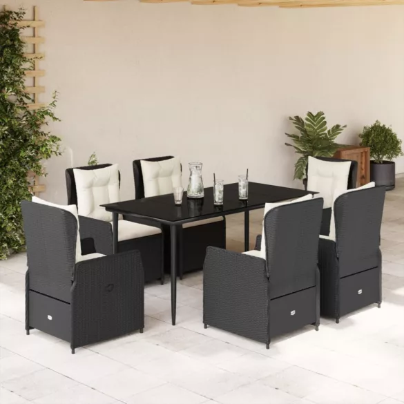 7 részes fekete polyrattan kerti étkezőgarnitúra párnával