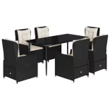 7 részes fekete polyrattan kerti étkezőgarnitúra párnával