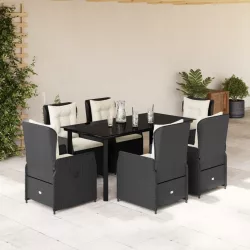   7 részes fekete polyrattan kerti étkezőgarnitúra párnával