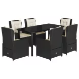 7 részes fekete polyrattan kerti étkezőgarnitúra párnával