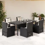 7 részes fekete polyrattan kerti étkezőgarnitúra párnával