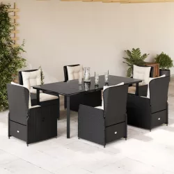   7 részes fekete polyrattan kerti étkezőgarnitúra párnával