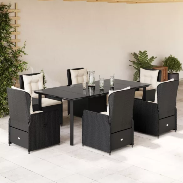 7 részes fekete polyrattan kerti étkezőgarnitúra párnával