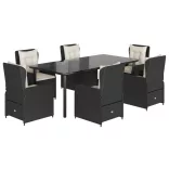 7 részes fekete polyrattan kerti étkezőgarnitúra párnával