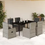 7 részes világosszürke polyrattan kerti étkezőszett párnával