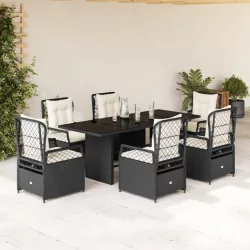   7 részes fekete polyrattan kerti étkezőgarnitúra párnával