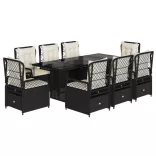 9 részes fekete polyrattan kerti étkezőgarnitúra párnákkal