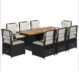 9 részes fekete polyrattan kerti étkezőgarnitúra párnákkal