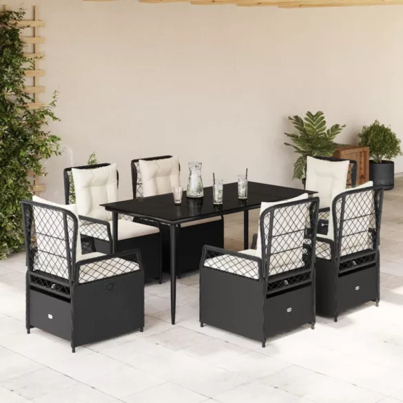 7 részes fekete polyrattan kerti étkezőgarnitúra párnával