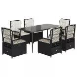 7 részes fekete polyrattan kerti étkezőgarnitúra párnával