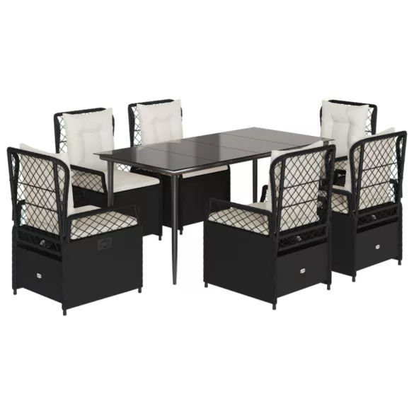 7 részes fekete polyrattan kerti étkezőgarnitúra párnával
