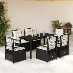   7 részes fekete polyrattan kerti étkezőgarnitúra párnával