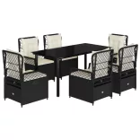 7 részes fekete polyrattan kerti étkezőgarnitúra párnával