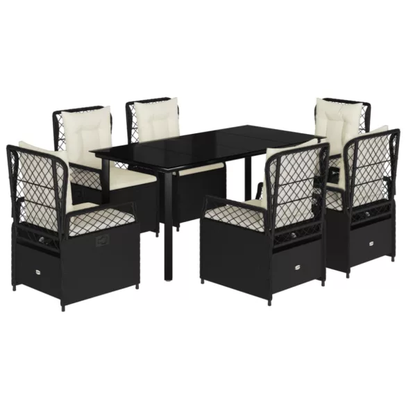 7 részes fekete polyrattan kerti étkezőgarnitúra párnával
