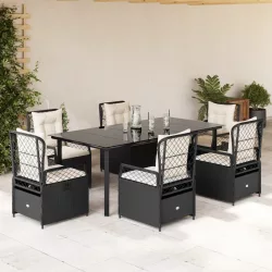   7 részes fekete polyrattan kerti étkezőgarnitúra párnával