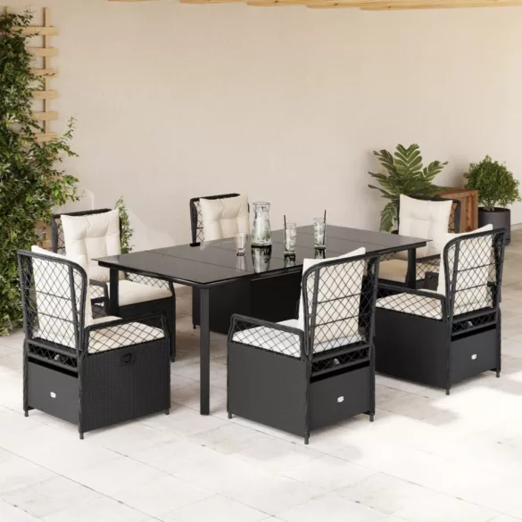 7 részes fekete polyrattan kerti étkezőgarnitúra párnával