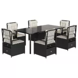 7 részes fekete polyrattan kerti étkezőgarnitúra párnával