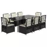 9 részes fekete polyrattan kerti étkezőgarnitúra párnákkal