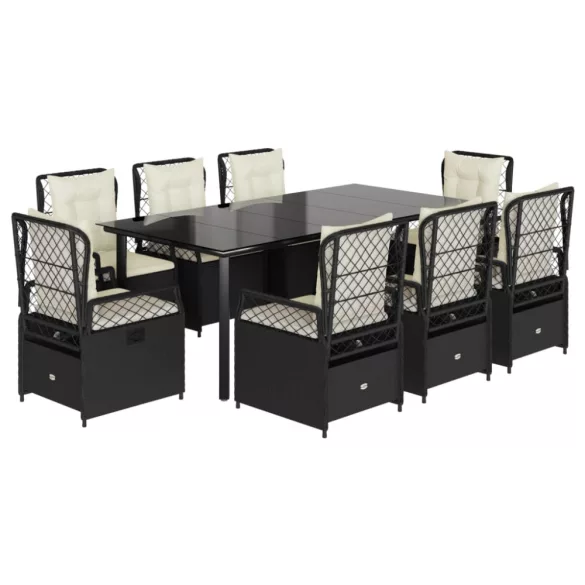 9 részes fekete polyrattan kerti étkezőgarnitúra párnákkal