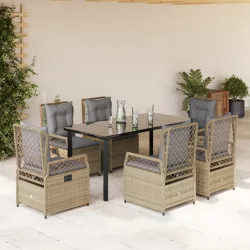   7 részes bézs polyrattan kerti étkezőgarnitúra párnákkal