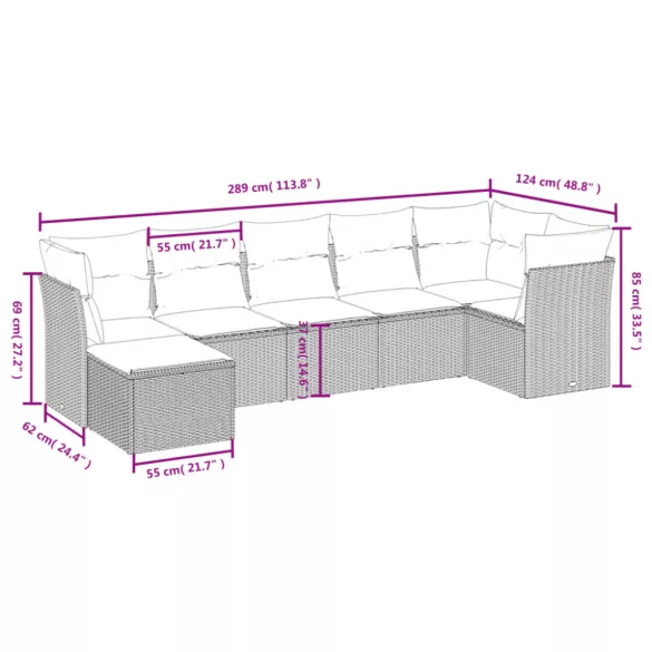 7 részes fekete polyrattan kerti ülőgarnitúra párnával
