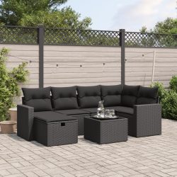 7 részes fekete polyrattan kerti ülőgarnitúra párnával