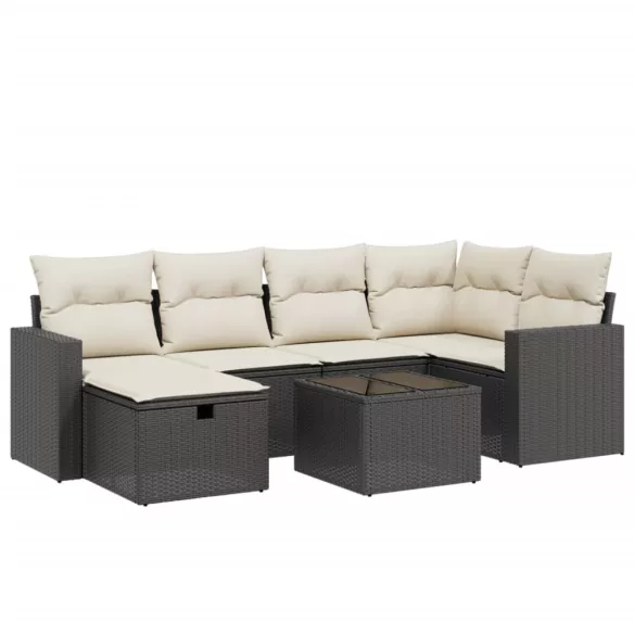 7 részes fekete polyrattan kerti ülőgarnitúra párnával