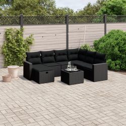   8 részes fekete polyrattan kerti ülőgarnitúra párnákkal