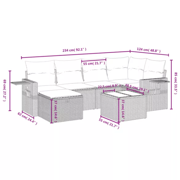 7 részes fekete polyrattan kerti ülőgarnitúra párnával
