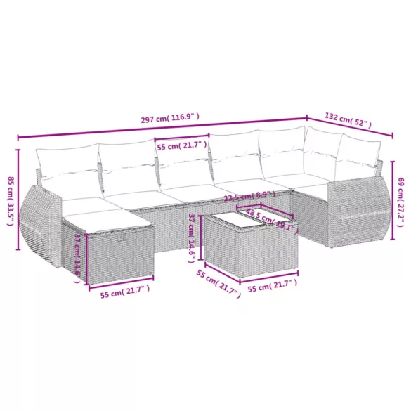 8 részes fekete polyrattan kerti ülőgarnitúra párnákkal