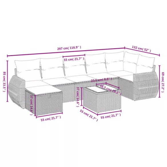 8 részes bézs polyrattan kerti ülőgarnitúra párnával