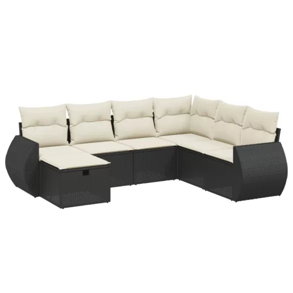 7 részes fekete polyrattan kerti ülőgarnitúra párnával