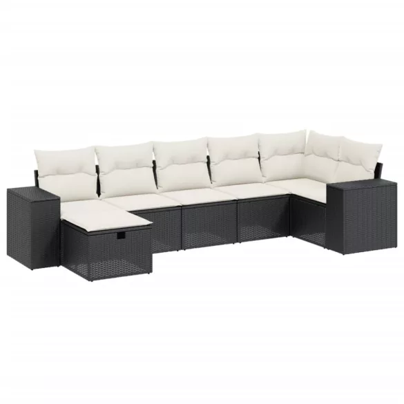 7 részes fekete polyrattan kerti ülőgarnitúra párnával