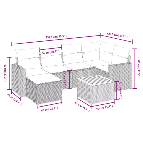 7 részes fekete polyrattan kerti ülőgarnitúra párnával