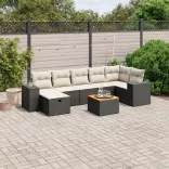 8 részes fekete polyrattan kerti ülőgarnitúra párnákkal