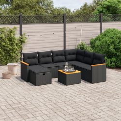   8 részes fekete polyrattan kerti ülőgarnitúra párnákkal