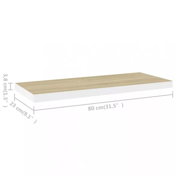 2 db tölgyszínű és fehér MDF lebegő fali polc 80x23,5x3,8 cm
