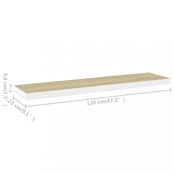 2 db tölgyszínű és fehér MDF lebegő fali polc 120x23,5x3,8 cm