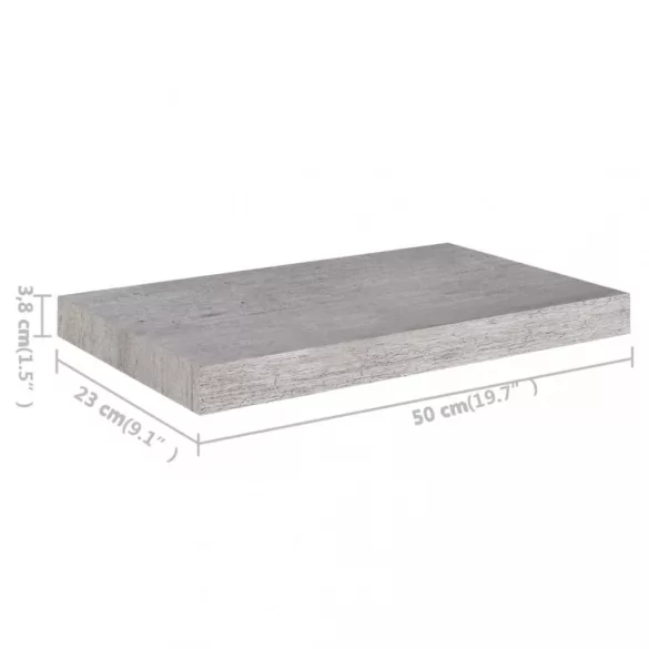 2 db betonszürke MDF lebegő fali polc 50 x 23 x 3,8 cm